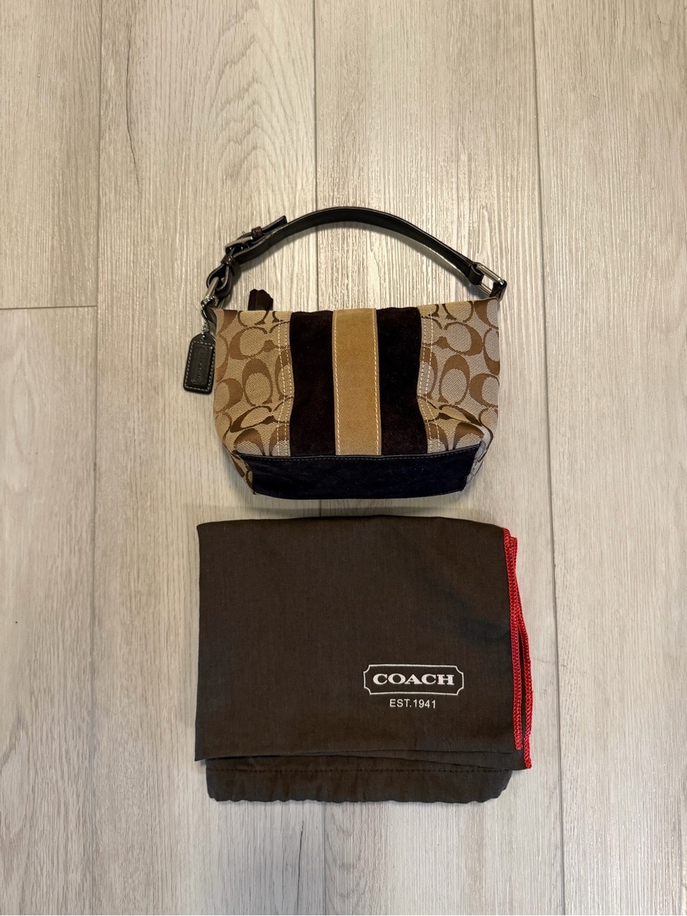 COACH VTG SIGNATURE C SUEDE STRIPE SM TOP HANDLE HOBO BAG PURSE KHAKI BROWN Y2K
